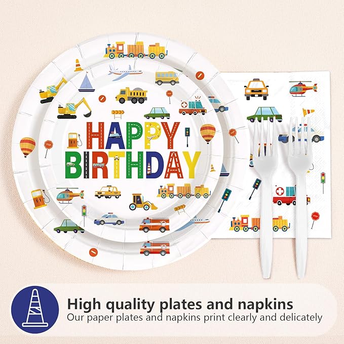 96Pcs 2nd Birthday Cars Party Supplies Transportation Theme Birthday Plates and Napkins Car Train Plane Sailboat Tableware Set for 2 Years Old Boy Vehicle Traffic Party Decorations Serves 24