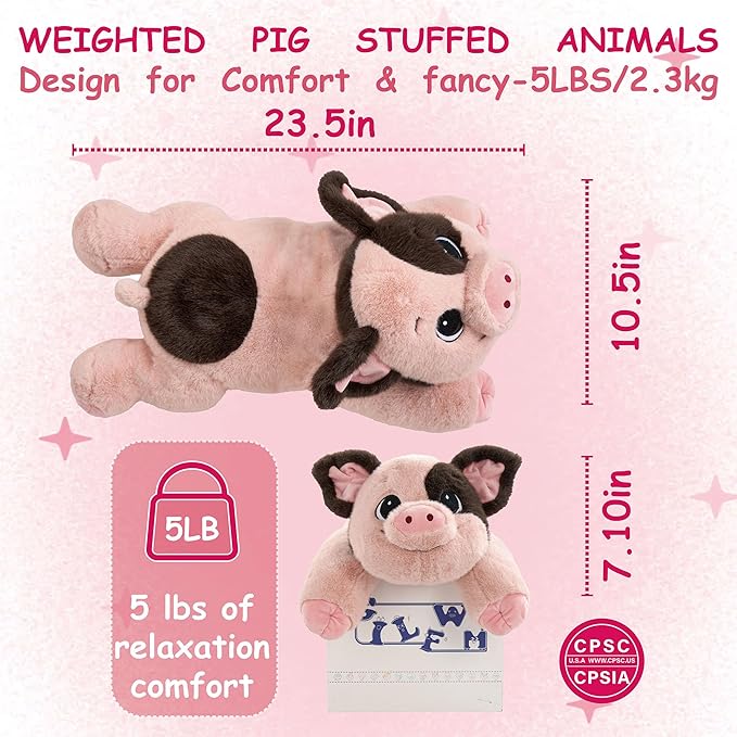 GILFWM 25" 5 lbs Weighted Stuffed Animals Pig :Big Large Weighted Plush Animal,Cute Plushie Pillow Toys,Extremely-Soft Washable Weighted Plush Pillowfort Gifts for Adults Kids Girls Boys
