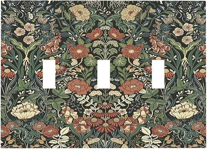 Decorative Switch Plates Vintage Dark Floral William Morris Green Flower 3 Gang Wall Plate Triple Toggle Light Switch Cover Faceplate Electrical Wall Panels for living Room Home Decor