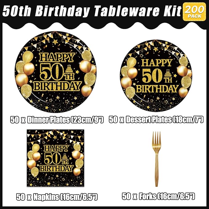 Kepeel 200Pcs 50th Birthday Party Tableware Set, Back in 1976 Birthday Party Decorations Supplies for Men Women Cheers to 50 Years Birthday Party Dessert Plates Napkins Forks Favors, Serve 50