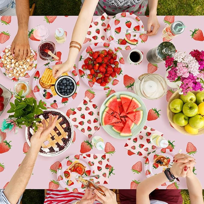 Strawberry Party Tableware Set,Strawberry Birthday Decoration,Summer Fruit Party Supplies Paper Plates Napkins Tablecloth for 25 Guests Great for Birthday Summer Fruit 1st