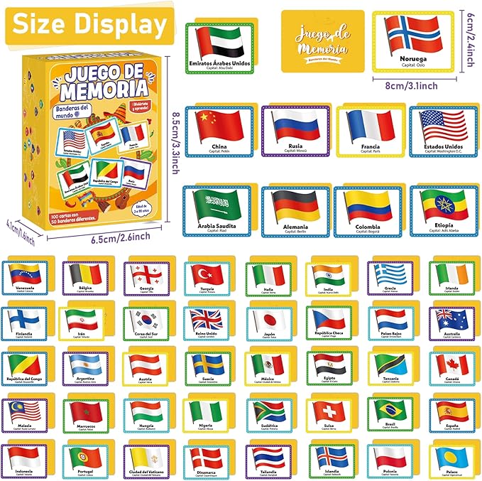gisgfim 100 PCS Juego de Memoria de Banderas del Mundo en español para niños y adultos Flags of the World Memory Matching Games in Spanish Educational Matching Game Fun Fast Memory Game Gift Learning
