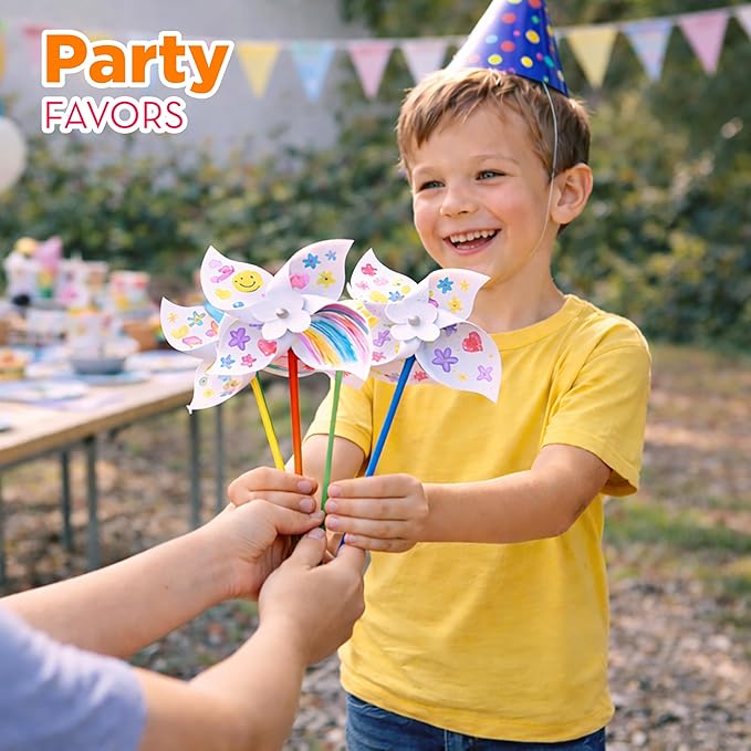 4E's Novelty 24 Pack DIY Pinwheels Craft for Kids, Bulk Summer Pinwheel Craft Kit, Color Your Own Paper Windmill for Pinwheels for Kids Bulk Spring Craft for Kids Easter Art Games