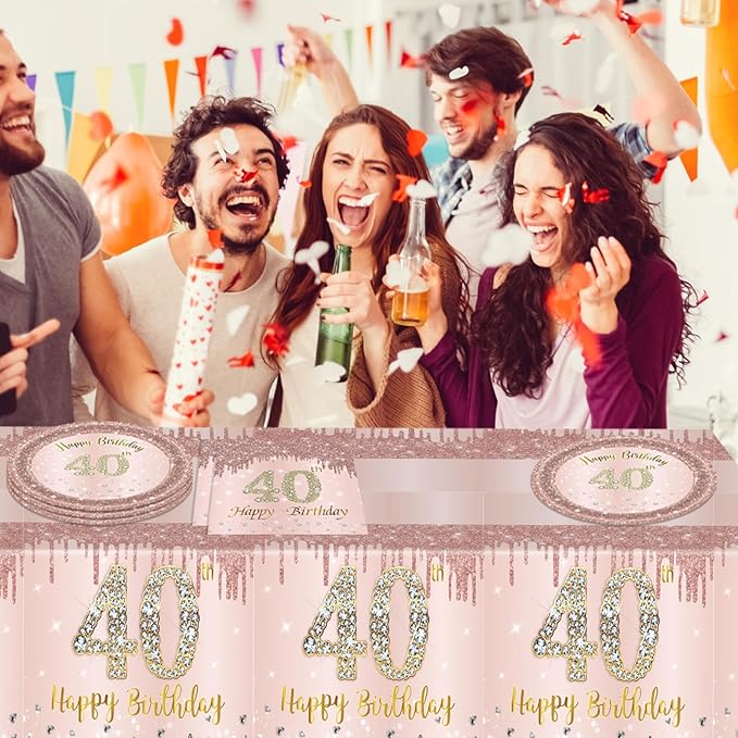 Ryzovo 41Pcs 40th Birthday Decorations, Rose Gold Birthday Party Supplies Include 20Pcs Plates 20Pcs Napkins and 1Piece Tablecloth, Sweet Forty Year Old Birth Party Tableware for Girl Ladies Women