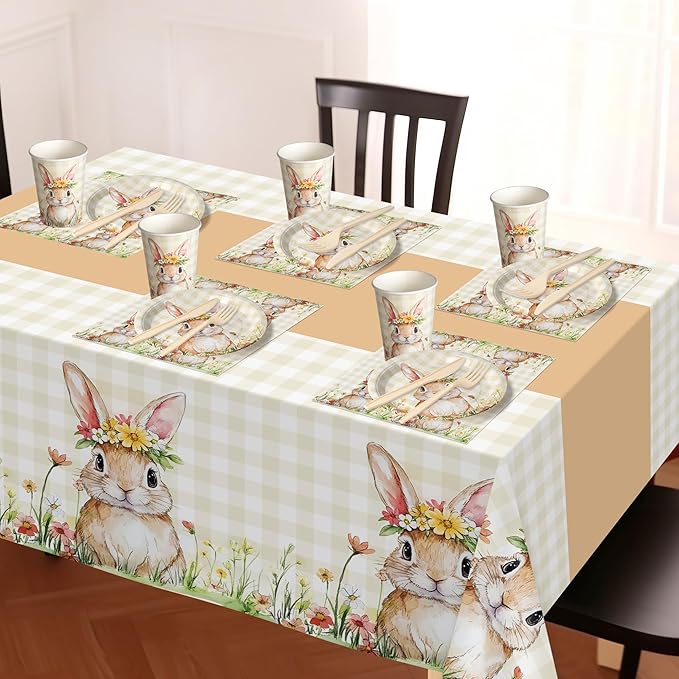 Childom Spring Party Decorations,147 Pcs Disposable Plates and Napkins Party Supplies,Bunny Dinnerware Sets with Plastic Tablecloth Knives Fork,Paper Plates Napkin Cups for Birthday Easter Decorations