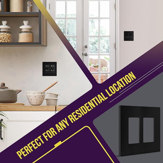 ENERLITES Screwless Decorator Wall Plates Child Safe Outlet Covers, Gloss Finish, Medium Size 2-Gang 4.88" H x 4.92” L, Unbreakable Polycarbonate Thermoplastic, SI8832M-BK, Black