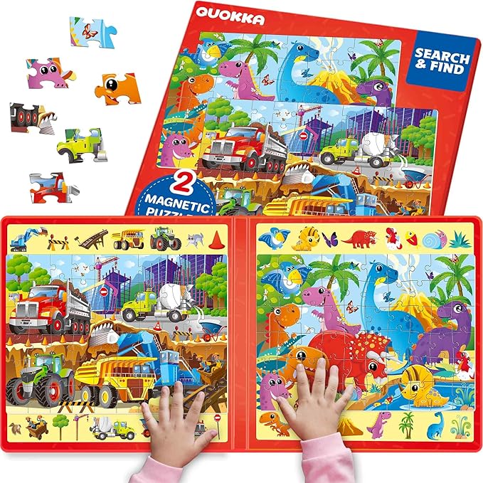 QUOKKA Magnetic Puzzles for Toddlers 3-5 – Search & Find 2 Pack, 60 Pieces Each – Travel Friendly Board with Hidden Objects, Construction and Dinosaur Scenes – Educational Puzzle Gift for 3 Year Olds