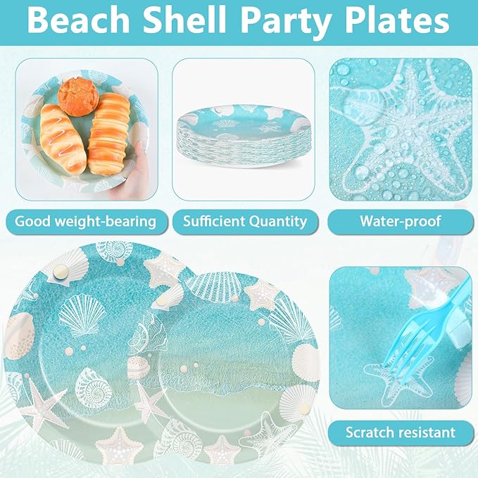 Seashell Beach Party Plates Napkin Fork Nautical Coastal Birthday Party Tableware Set Ocean Starfish Dinnerware Supply for Summer Holiday baby shower Wedding Bridal Decoration favor Serve 50
