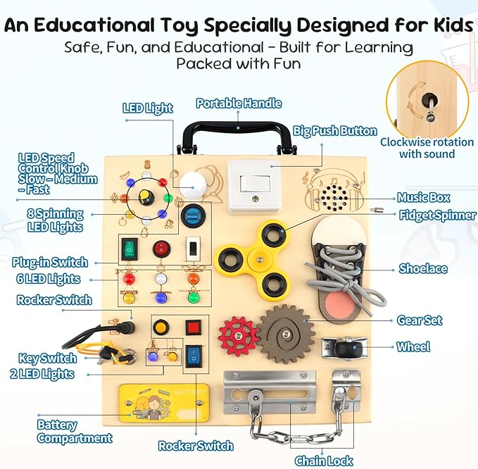 Wooden Busy Board with LED Light，Montessori Baby Learning Toys for Toddlers , Sensory Activity Board , Travel Educational Toy Boy & Girl Birthday Gift (Black Handle)