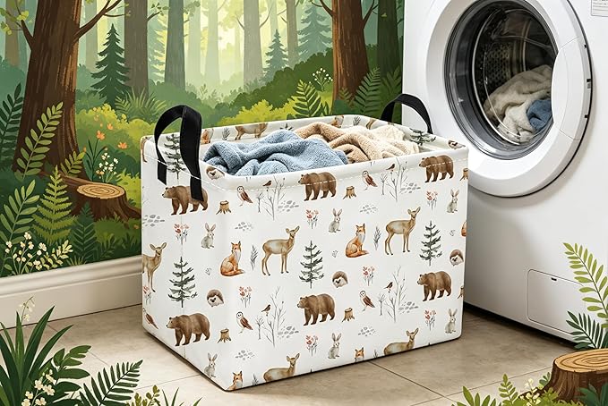 Essme Rectangular Animal Basket,Kids Storage Bins Organizer with Handles for Woodland Room Decor, Gift Basket,Shelf Basket.(Woodland Animal)