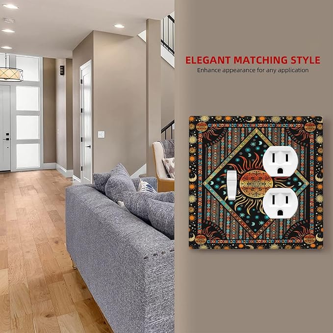 Decorative Outlet Covers Boho Burning Sun Moon Hippie Retro Bohemian Gypsy 2 Gang Wall Plate Double Duplex Light Switch Cover Switch Plate Covers Faceplate for Bedroom Decor