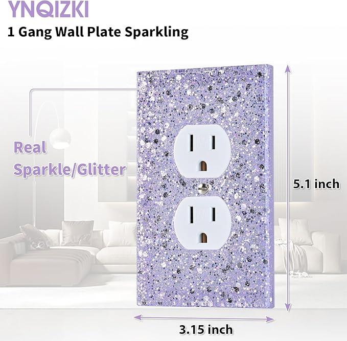 Purple Glitter Outlet Covers - Sparkling Wall Plate 5.1"x3.15", Gift for Home Decor,Single Duplex