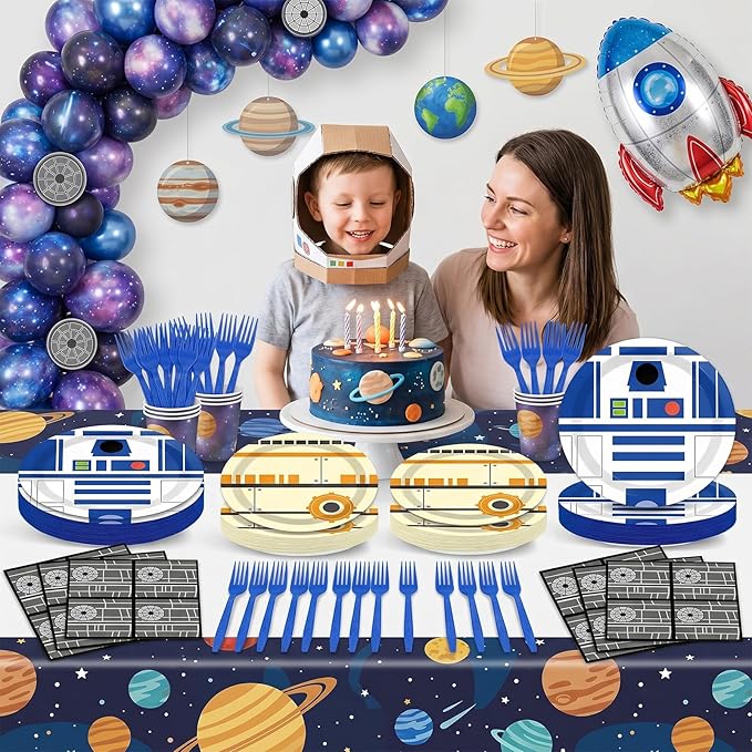 96 Pcs Galaxy Movie Star Birthday Paper Plates and Napkins Stars Party Decorations Space Theme Tableware Galaxy War Disposable Dinnerware Set for Universe Outer Space Birthday Party Serves 24 Guests