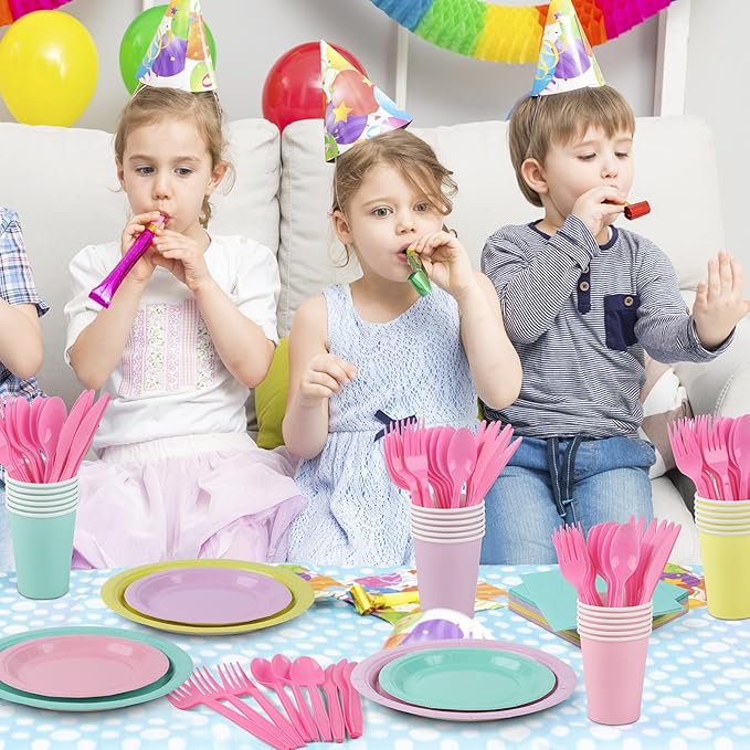durony 192 Pcs Pastel Party Supplies Paper Plates Cups Napkins Macaron Color Pink Cutlery Plastic Forks Knives Spoons Disposable Tableware for Birthday Baby Shower Wedding Decorations Serve 24 Guests