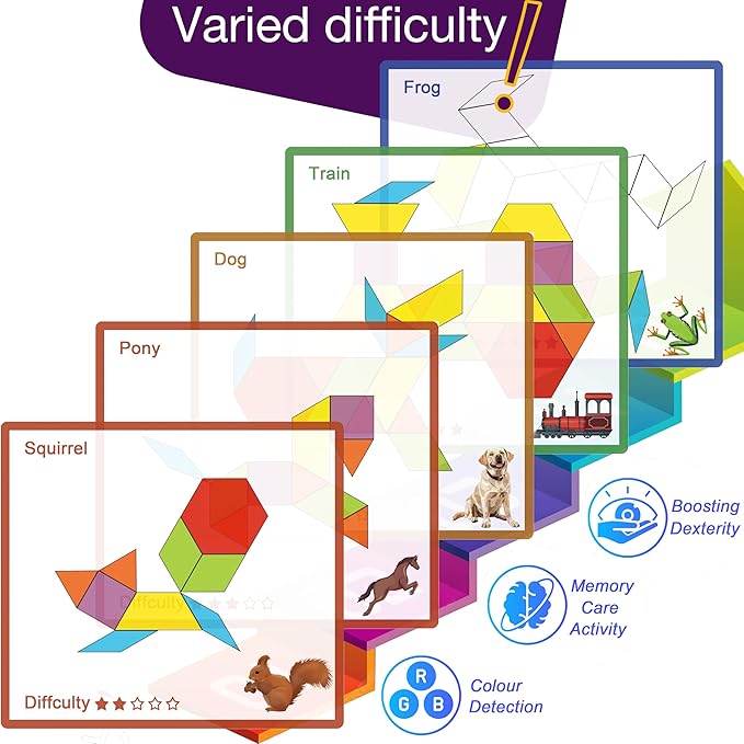 Memory Care Activities for Seniors, Wooden Cognitive Games for Elderly, 80 Pieces Tangram Puzzles for Alzheimer and Dementia Patients, Large Wooden Colorful Shape Pattern Matching Board Gifts (Hard)