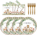 72PCS Woodland Baby Shower Plates and Napkins, Forest Animal Paper Plates and Napkins with Forks Disposable Tableware Set for Boys Girls Safari Jungle Animal Birthday Party Decorations