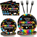 Preschool Graduation Party Supplies Pre-K Grad Tableware Set Kindergarten Graduation Plate Napkin Kindergarten Disposable Paper Dinnerware Kit for Graduate Party decoration Favor 24 Guest (Black)