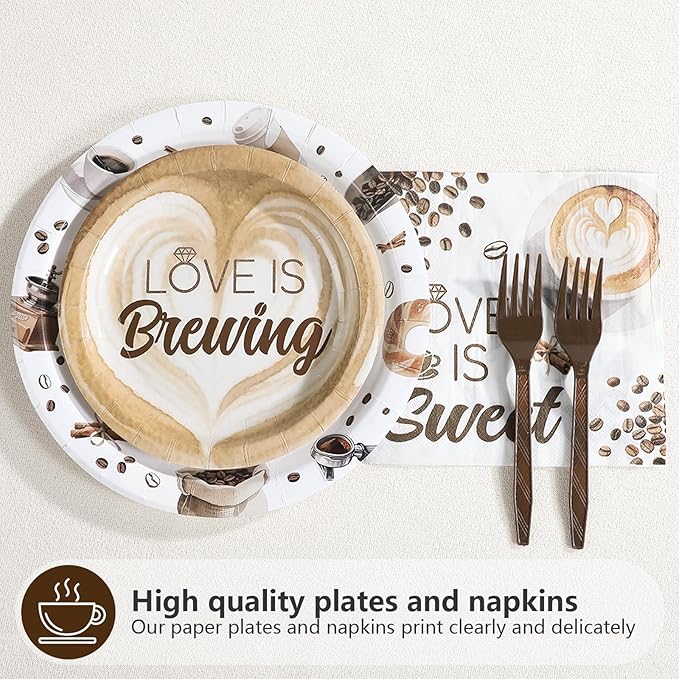 Grencian Love is Brewing Bridal Shower Decorations - 96Pcs Coffee Themed Bridal Shower Love is Brewing Plates and Napkins Disposable Tableware for Girls Wedding Engagement Party Decorations Serve 24