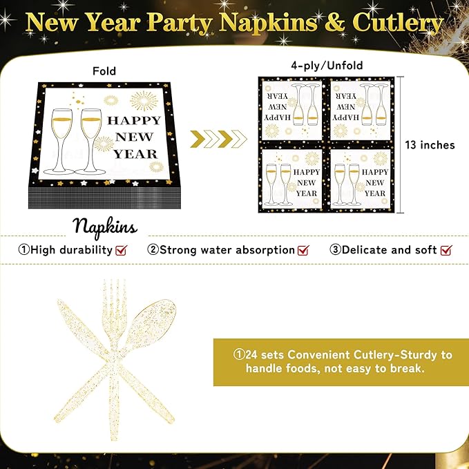 168pcs Happy New Year Party Supplies, Black and White Paper Plates Napkins Cups and Transparent Gold Cutlery for 24 Guests, 2026 New Year Disposable Tableware Supplies for Party Decorations