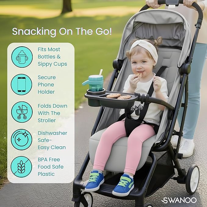Swanoo Universal Stroller Snack Tray with Phone Holder | Compatible with Nuna Mockingbird Bugaboo Uppababy | Stroller Bumper Bar Tray Attachment | Baby Toddler Disneyland -Single Pack