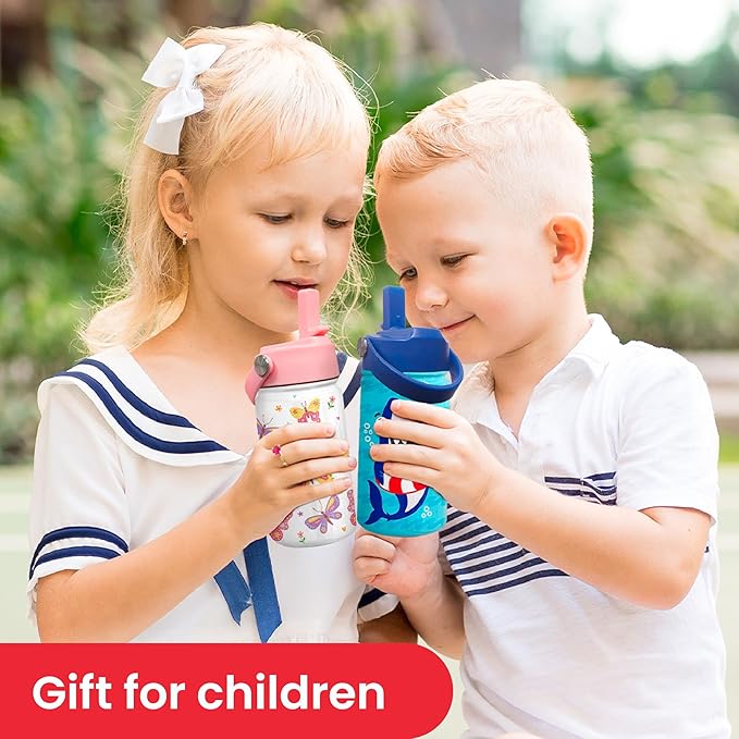 SANDJEST Shark Water Bottle - Kids Water Bottle with Straw Lid - 12 Oz Insulated Stainless Steel Water Bottles for Toddlers Kid Boys - Travel Cup for School Sports