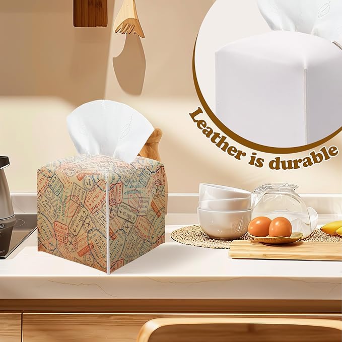 Retro World Travel Passport Stamp Tissue Box Cover - Vintage Square Leather Facial Paper Organizer, Decorative Travel Themed Holder for Bathroom Vanity, Home Office, Car & Travel Enthusiast Decor