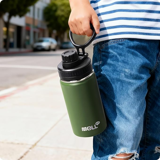 12 oz Water Bottle for Kids School-Reuasble Stainless Steel Vacuum Insulated Wide Mouth Water Bottle for Travle Sports (Grass Green)