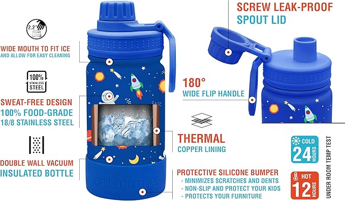 CHILLOUT LIFE 12 oz Kids Insulated Water Bottle for School with Leakproof Spout Lid and Cute Waterproof Stickers, Personalized Stainless Steel Thermos Flask Metal Water Bottle, Blue Space