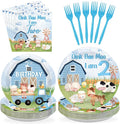 96Pcs Oink Baa Moo Im Two Party Supplies Farm Animal 2nd Birthday Plates and Napkins Farm House Animal Barnyard Theme Tableware Set for Boy Girl 2 Year Old Birthday Party Supplies，Serves 24