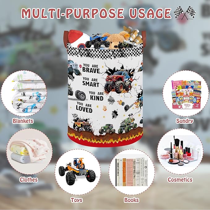 Monster Trucks Laundry Hamper Basket Kid Gift Toy Bin Empty Car Nursery Decor Hamper,Storage Basket Collapsible Clothes Book Organizer Bin for Boy,Easter Gift (Monster Trucks-Fire)