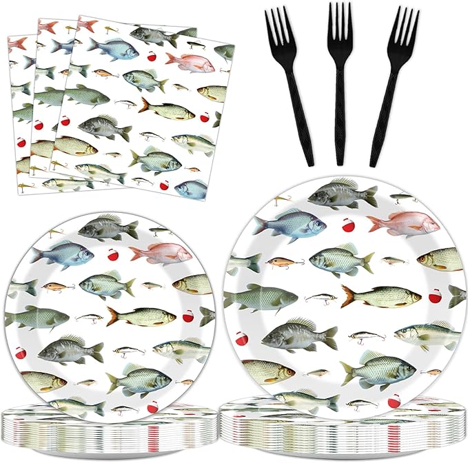 96Pcs Gone Fishing Party Plates and Napkins Fishing Themed Birthday Party Supplies for Little Fisherman Paper Dessert Plates Gone Fishing Tableware for 24 Guests for Ofishally One Party Decorations