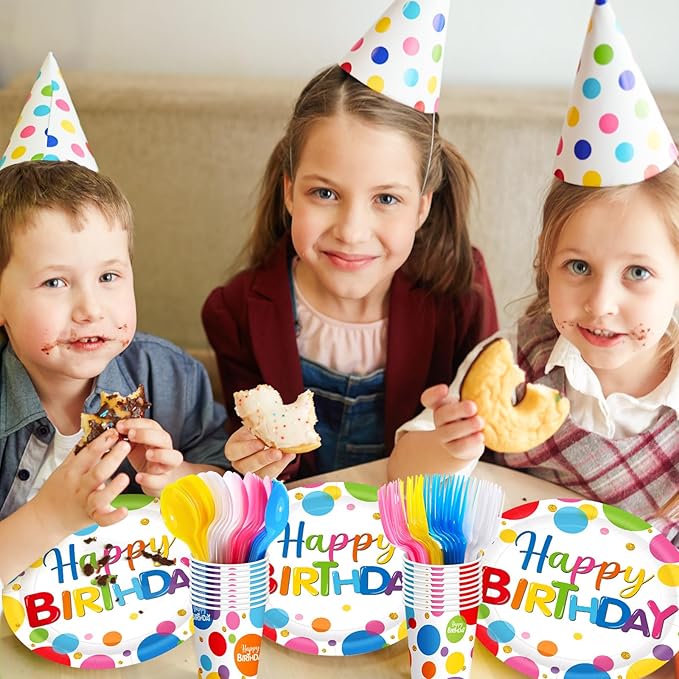Meanplan Serves 24 Guests Happy Birthday Plates and Napkins Rainbow Polka Dot Birthday Tableware Set Rainbow Dot Party Decorations for Kids Included Cups Knives Forks Spoons Total 168 Pcs