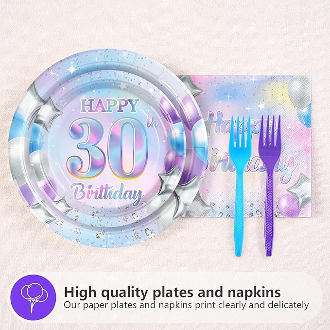 Grencian 96Pcs 30th Birthday Decorations Iridescent 30th Birthday Party Plates Disposable 350GSM Sweet 30 Years Paper Tableware Set for Women 30 Years Old Party Supplies Serves 24