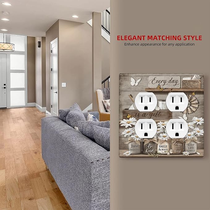 Rustic Daisy Flower Butterfly Inspirational Cottage Outlet Covers 2 Gang Double Duplex Decorative Light Switch Covers Electrical Wallplates Socket Faceplate for Farmhouse Bedroom Decor