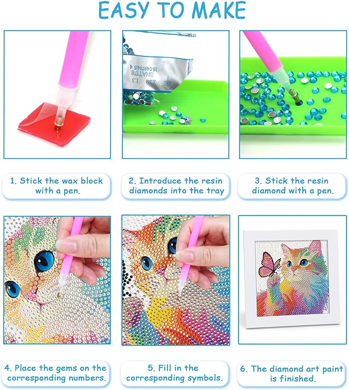Libfx Diamond Art Kits for Kids with Frame Diamond Art for Girls Boys Beginners Arts and Crafts Ages 8-12 Birthday Gifts (Colorful Butterfly Cat)