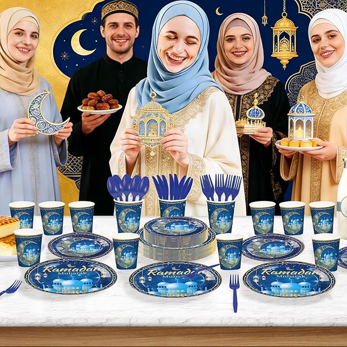 168Pcs Blue Eid Ramadan Decorations for Home Mosque Lantern Moon Plates and Napkins Cups Forks Islamic Muslim Decor Tableware Sets for Eid al-Fitr Decor al-Adha Festival Home Party Supplies Serves 24