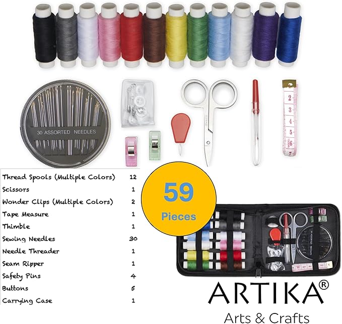 ARTIKA Travel Sewing Kit, 59-Piece Portable Kit for Travel, Includes Scissors, Thread, Tape Measure - Sewing Accessories and Supplies
