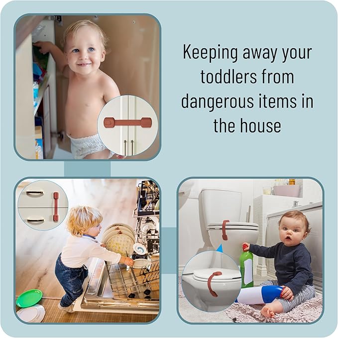 Bate- Child Safety Strap Locks, 6 Pack, Rusty Color, Baby Locks for Cabinets, Drawers, Kitchen, Toilet, Furniture, Fridge, Multi-Purpose, Easy Install with Quick 3M Adhesive for Childproofing