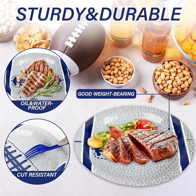 Qyeahkj 25 Guests Cowboys Football Party Plates and Napkins Supplies American Football Team Platters Tableware Set Touch Down Blue & White Decor Favors for Football Fans Boy Sports Team Theme Party