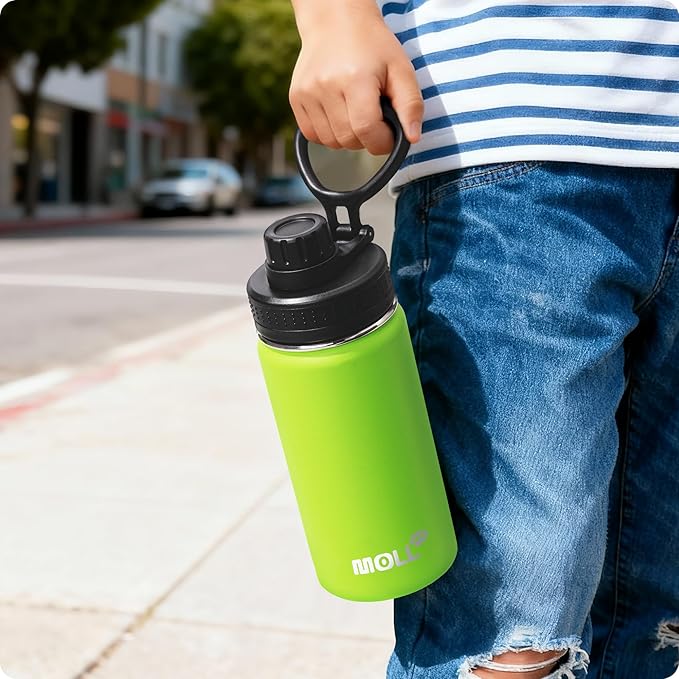Kids Insulated Water Bottle-16 oz Stainless Steel Vacuum Wide Mouth Sports Flask with Silicone Boot-Reusable Metal Leak Proof Travel Water Bottle for Girls Boys, BPA-Free(Apple Green)