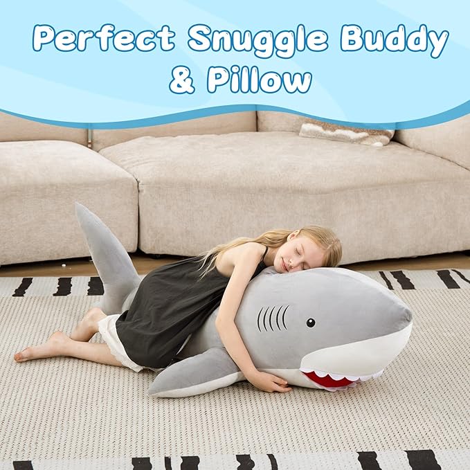 MorisMos 51inch Giant Shark Stuffed Animal, Large Shark Plush Toy Pillow Gift for Kids, Girlfriend, Gray
