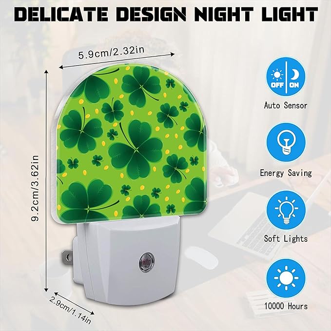 Saint Patricks Day Clover Night Light for Kids,St. Patrick's Day Shamrock Plug in Night Light with Dusk to Dawn Sensor, 0.5w Energy Saving Nightlight for Hallway Stairway Kitchen Bedroom