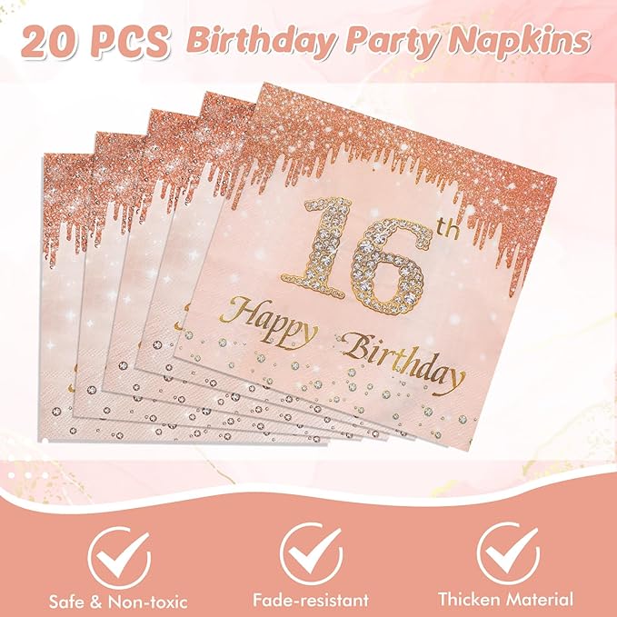 16th Birthday Party Decorations for Girls, Rose Gold Birthday Supplies Include 20Pcs Dinner Plates, 20Pcs Dessert Plates, 20Pieces Napkins and 2 Tablecloth, Sweet Sixteen Birthday Party Tableware