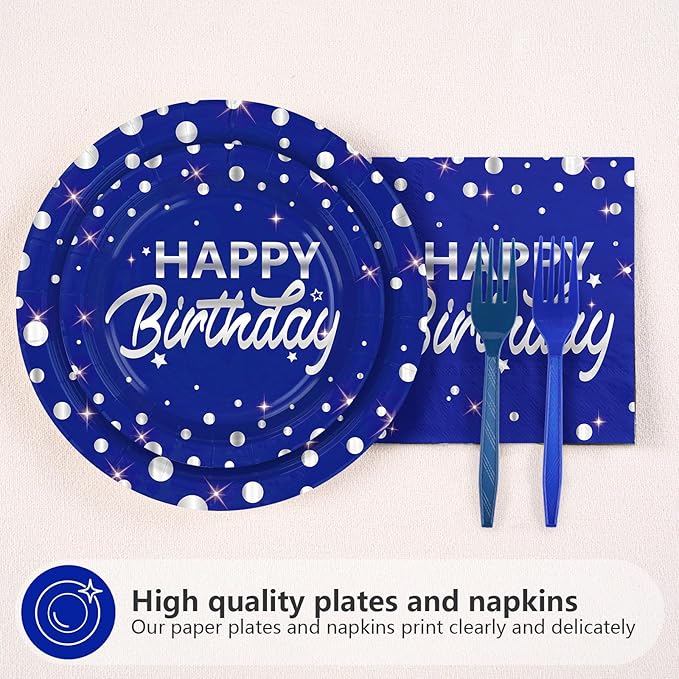 Grencian 96Pcs Blue and Silver Birthday Party Decorations Silver Polka Dots on Blue Paper Plates and Napkins Disposable Tableware for Women Men Birthday Party Graduation Decorations 2026 Serves 24