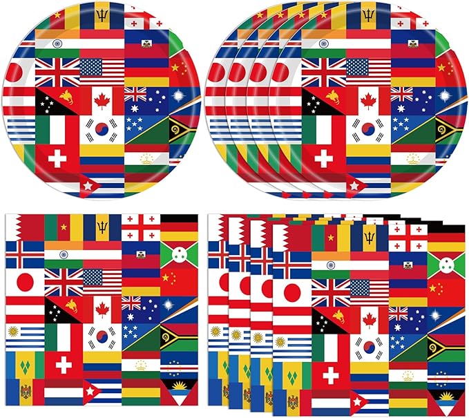 International World Flags Tableware Set International Flags Decorations Plates and Napkins for Travel Trip Around the Globe Retirement,School, Sports Events, Grand Opening, Party
