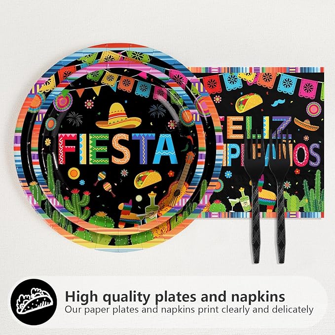 96Pcs Fiesta Birthday Party Decorations Mexican Feliz Cumpleaños Plates and Napkins Cinco De Mayo Party Decorations for Baby Shower Mexico Taco Carnival Birthday Party Supplies Serves 24