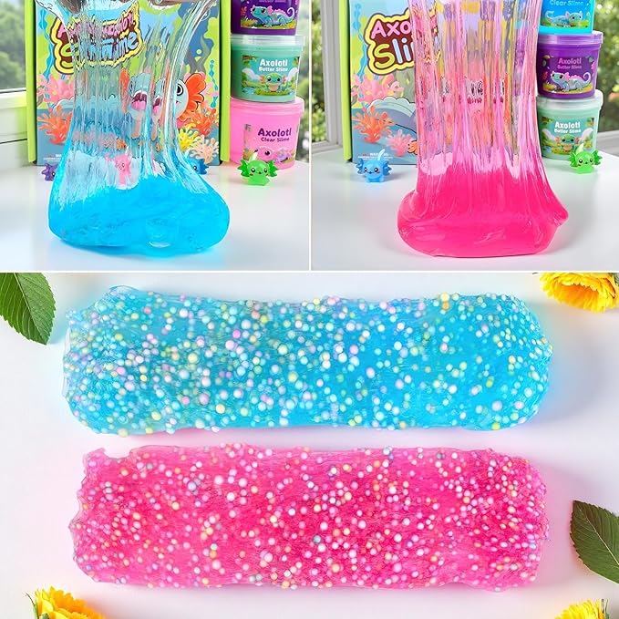 4 Pack Axolotl Slime Kit, Butter & Clear, Slime Party Favors for Kids with Axolotl Charms, Soft and Stretchy, Pink Blue Purple Green Slime for Girls & Boys 4-12