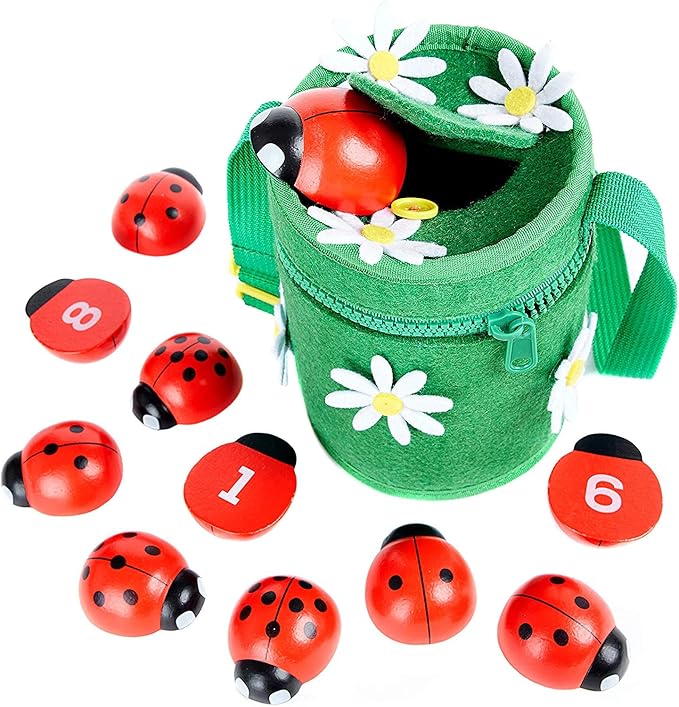 Counting Ladybugs - Montessori Wooden Counting Toy for Girls 3 4 5 Year Old - Ladybug Learning Toys for Toddlers - Preschool Kids Toys for Number Matching, Sorting & Fine Motor Skills - Lady Bug Gifts
