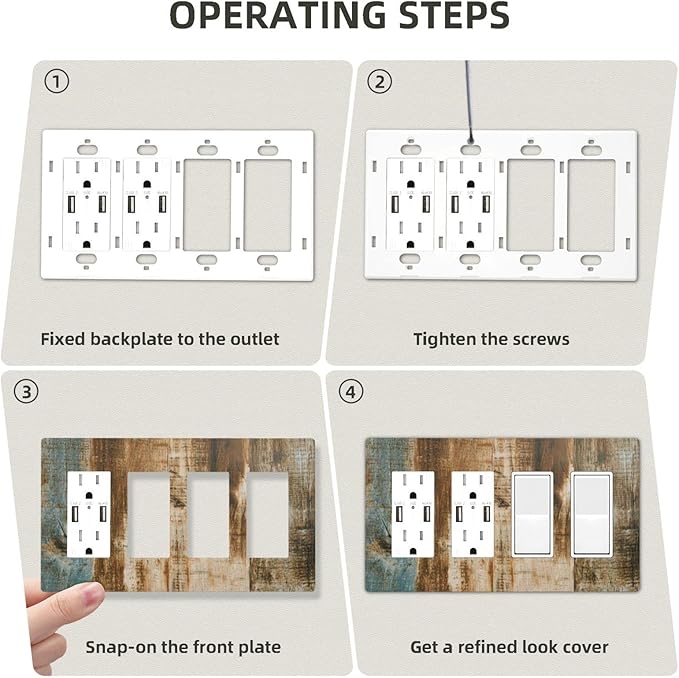 Brown Wood 4 Gang Quad Rocker/Decor Light Switch Cover Plate Decorative Electrical Faceplate for Bathroom Room Decorate Jumbo Size Screwless 8.3" x 4.6