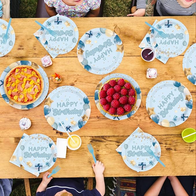 96 Pcs Light Blue Birthday Decorations Happy Birthday Plates and Napkins Disposable Tableware Set Blue Gold Decorations for Baby Boys Girls Women Men Party Supplies Serves 24